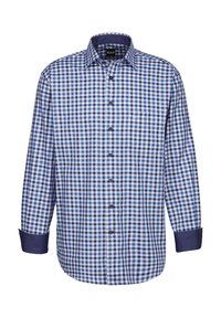 Camicia a maniche lunghe a quadri blu e bianchi con chiusura a bottoni, polsini blu a contrasto e una piccola tasca sul petto. Realizzata in tessuto tessuto.
