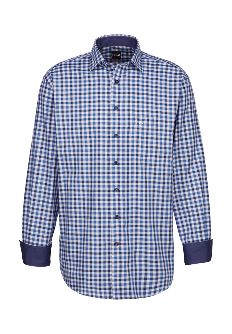 Camicia a maniche lunghe a quadri blu e bianchi con chiusura a bottoni, polsini blu a contrasto e una piccola tasca sul petto. Realizzata in tessuto tessuto.