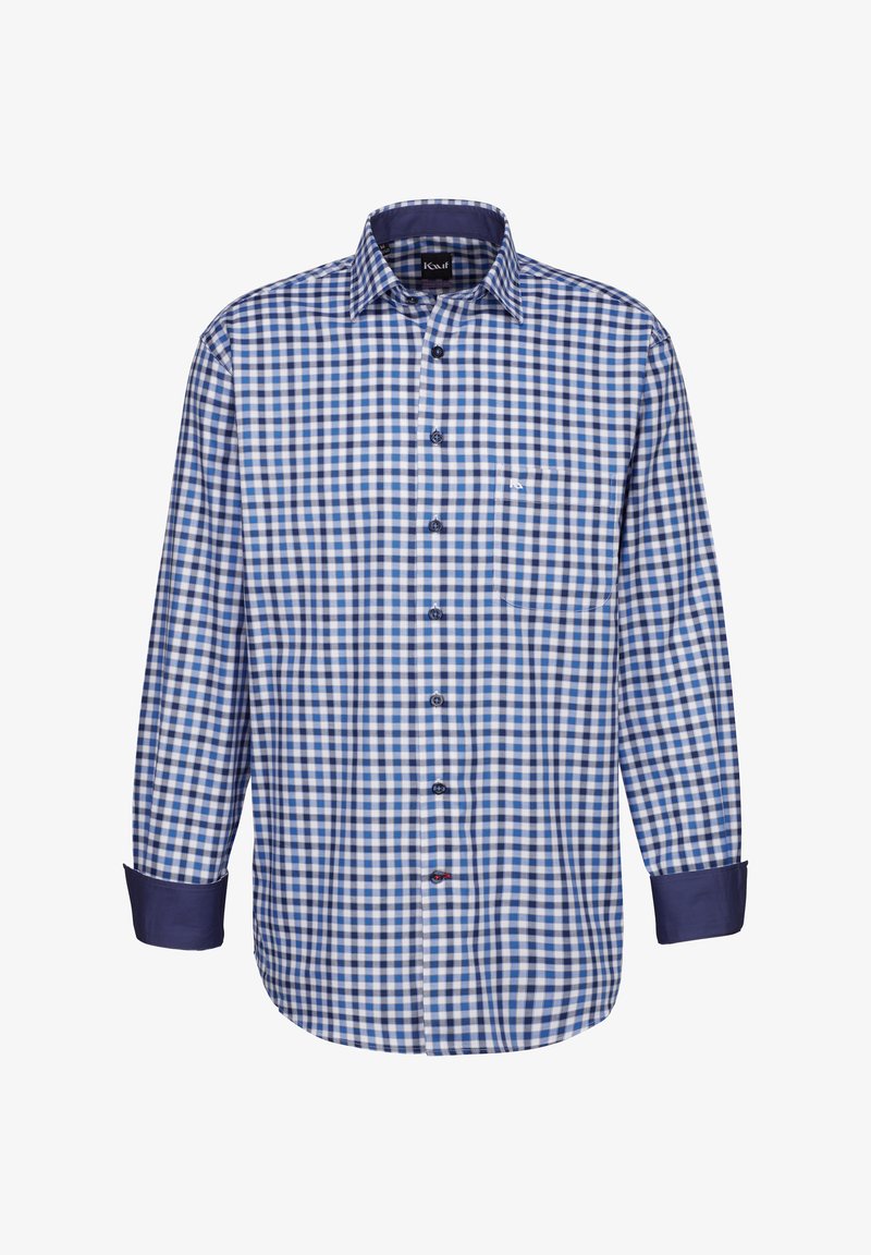 Blau-weißer kariert langer Hemd mit Knopfverschluss, kontrastierenden blauen Manschetten und einer kleinen Brusttasche. Hergestellt aus gewebtem Stoff.