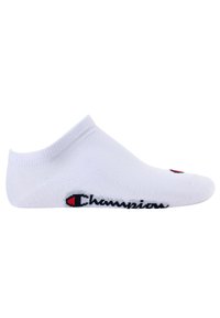 Weißer Knöchelsocke aus Baumwollmischung. Mit schwarzem und rotem "Champion"-Logo, geripptem Bund und glatter Textur.