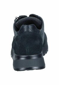 Black sneakers featuring a textured suede and smooth leather upper, with a rubber sole and decorative stitching at the heel.