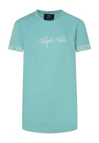 T-shirt en coton turquoise avec "Project x Paris" en script blanc sur le devant. Manches courtes avec le logo blanc "PROJECT" sur les poignets.