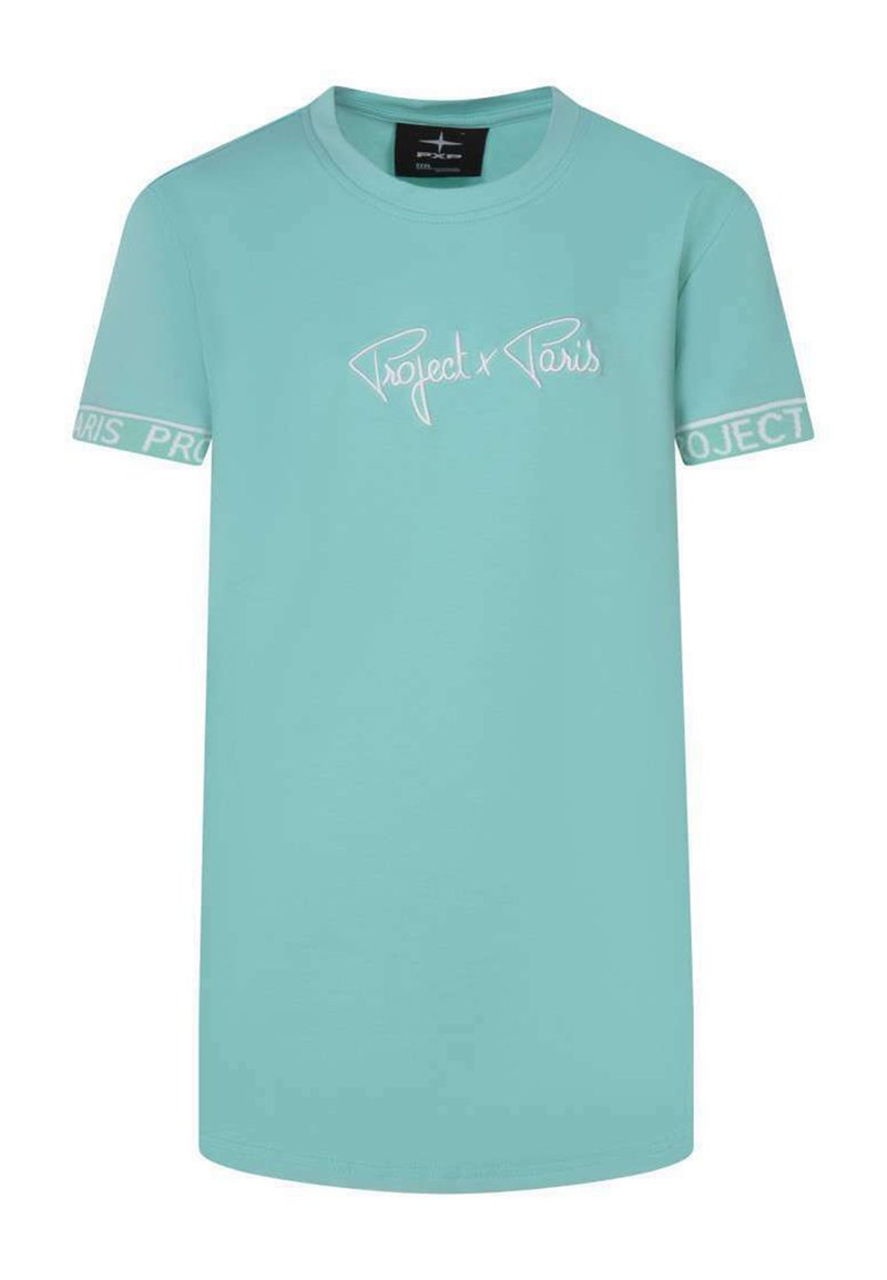 T-shirt en coton turquoise avec "Project x Paris" en script blanc sur le devant. Manches courtes avec le logo blanc "PROJECT" sur les poignets.