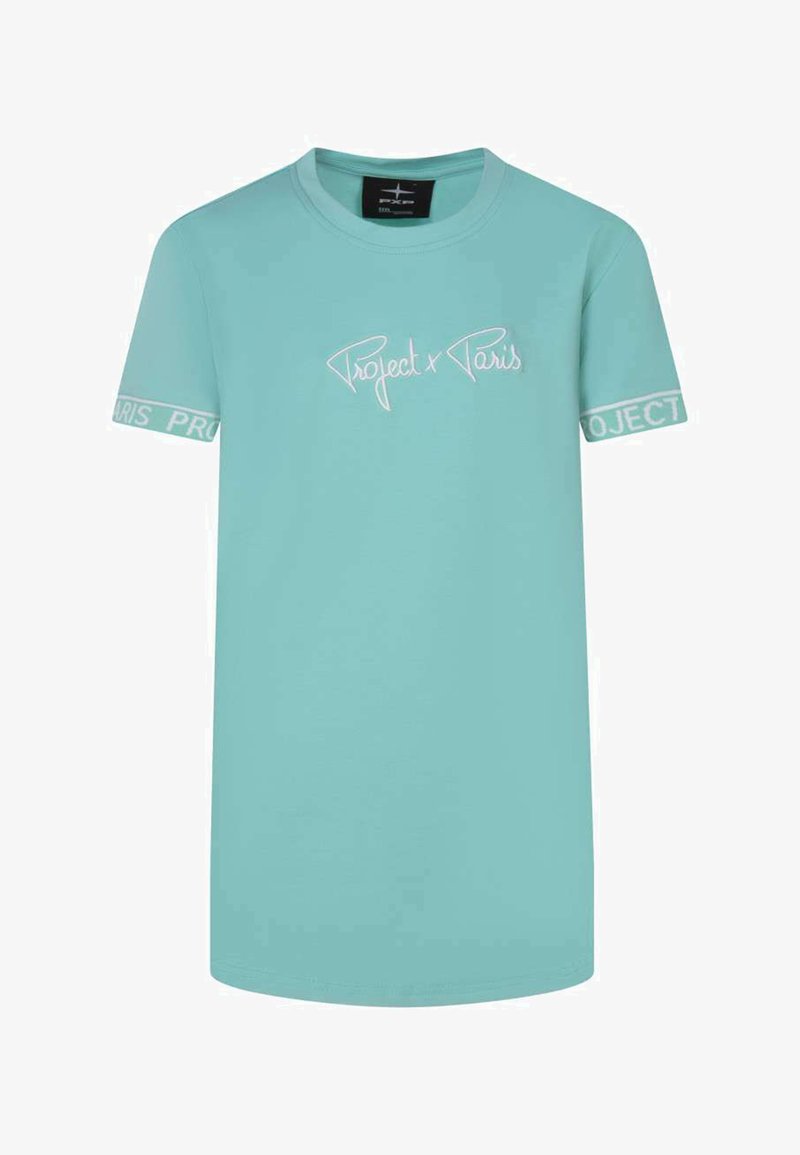 T-shirt en coton turquoise avec "Project x Paris" en script blanc sur le devant. Manches courtes avec le logo blanc "PROJECT" sur les poignets.