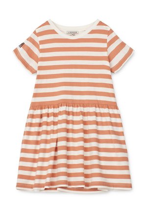 Sukienka w paski z krótkimi rękawami, z naprzemiennymi miękkimi brzoskwiniowymi i białymi paskami, okrągłym dekoltem i marszczonym dołem. Bawełniana tkanina.