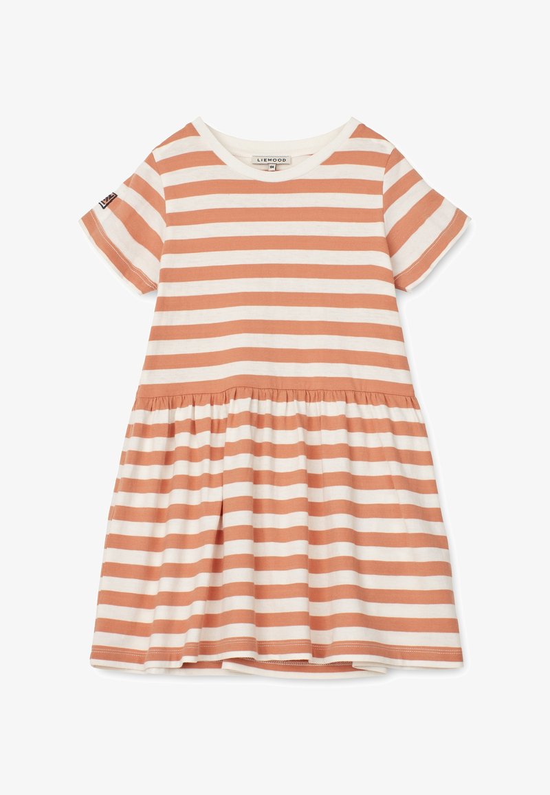 Robe à rayures avec manches courtes, présentant des rayures alternées pêche doux et blanc, un col rond et une jupe froncée. Tissu en coton.