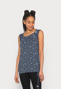 Top azul marinho sem mangas com padrão floral, decote circular e detalhe de laço lateral. O tecido é suave, leve e tem um corte descontraído.