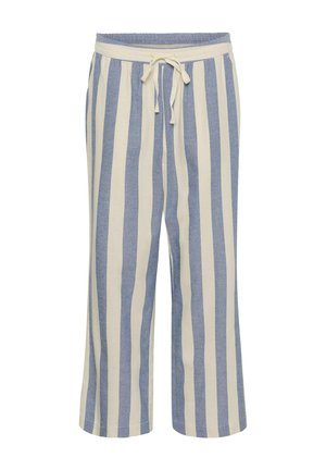 Blue and white vertical striped loose pants with elastic waistband and front tie drawstring, cropped length, relaxed fit.