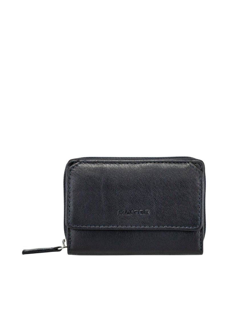 Black leather wallet with a textured finish, zip closure, and a front flap. Features stitching detail and a brand logo on the surface.