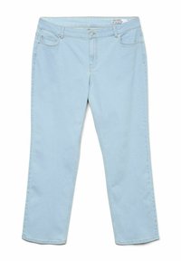 Pantalones de mezclilla azul claro con un diseño de pierna recta, cinco bolsillos y un cierre de botón en la cintura. Textura suave con un desgastado mínimo.