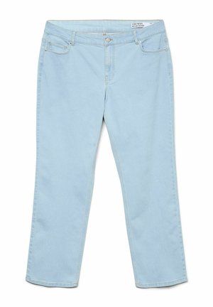 Lichtblauwe denimbroek met een recht gesneden ontwerp, vijf zakken en een knoopsluiting bij de taille. Zachte textuur met minimale vervaging.