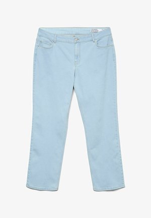 Světle modré džíny s rovnými nohavicemi, pěti kapsami a knoflíkovým zapínáním v pase. Měkká textura s minimálním vyblednutím.