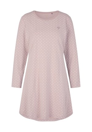 Vaaleanpunainen pitkähihainen tunika, jossa on hienovarainen toistuva kuvio ja pyöreä pääntie sekä hieman levenevä helma.