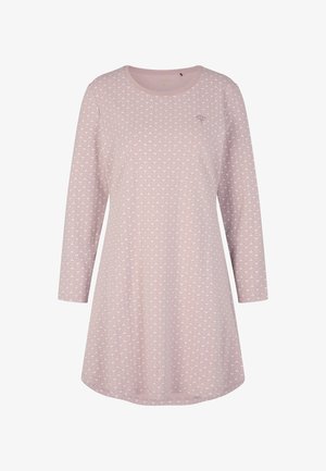 Vaaleanpunainen pitkähihainen tunika, jossa on hienovarainen toistuva kuvio ja pyöreä pääntie sekä hieman levenevä helma.