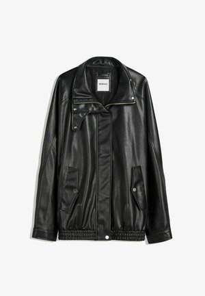 Schwarze Lederjacke mit Reißverschluss vorne, Knopfverschluss, zwei seitlichen Taschen und elastischem Saum. Verfügt über einen strukturierten Kragen und eine glatte Textur.