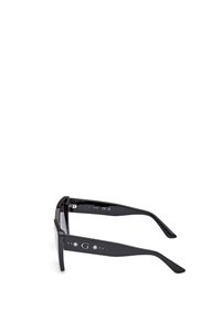 Black sunglasses with a rectangular frame, featuring glossy plastic material. Accented with a stylized "G" and small decorative elements on the arms.