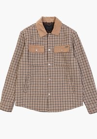 Houndstooth patroon jas in bruin en beige, met een corduroy kraag, twee borstzakken en zilverkleurige drukknoopjes.
