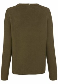 Olivgrüner Pullover mit langen Ärmeln, rundem Ausschnitt und strukturiertem Strick. Verfügt über einen Verschluss im Nacken und hat eine lockere Passform.