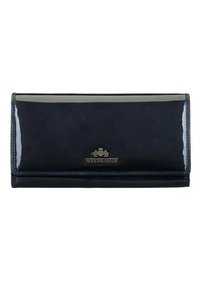 Navy blue patent leather wallet with a smooth texture, featuring a metal logo accent and a sleek, rectangular design.