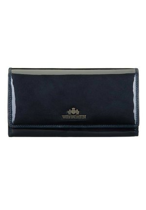 Portefeuille en cuir verni bleu marine avec une texture lisse, doté d'un accent logo en métal et d'un design rectangulaire élégant.