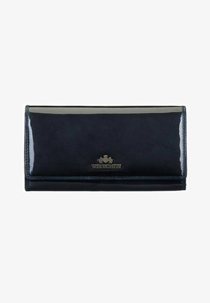 Navyblauw patenten leren portefeuille met een gladde textuur, voorzien van een metalen logo accent en een slank, rechthoekig ontwerp.