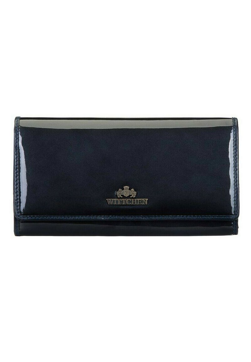 Navy blue patent leather wallet with a smooth texture, featuring a metal logo accent and a sleek, rectangular design.