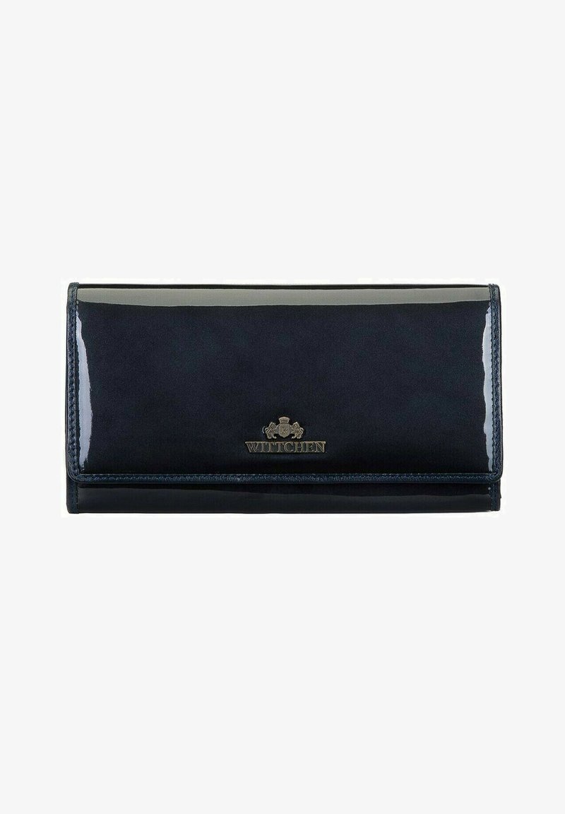 Portafoglio in pelle verniciata blu navy con una texture liscia, caratterizzato da un accento in metallo con logo e un design rettangolare elegante.