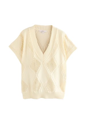 Strikket oversized pullover i lys creme, med dyb V-hals, korte ærmer, tekstureret diamantmønster og ribbet kant og halsudskæring.
