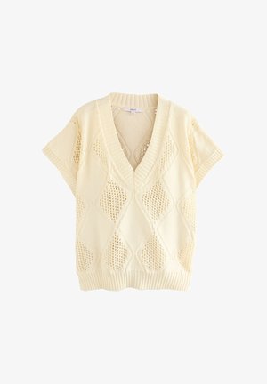 Gestrickter übergroßer Pullover in hellem Creme, mit tiefem V-Ausschnitt, kurzen Ärmeln, strukturiertem Rautenmuster sowie geripptem Saum und Ausschnitt.