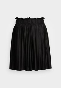 Jupe plissée noire avec une taille élastique froncée et extensible. Le tissu a une texture lisse et brillante et tombe à mi-mollet.