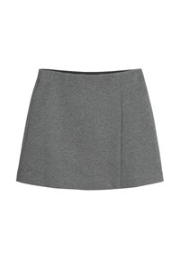 Grauer Rock aus weichem Stoff, mit ausgestellter Form und elastischem Bund. Sauberes Design ohne sichtbare Muster oder Akzente.