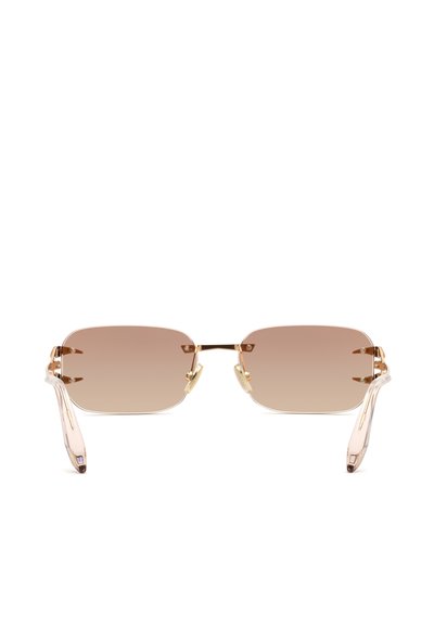 Lunettes de soleil rectangulaires élégantes sans monture avec verres marron dégradés, pont fin doré et branches fines avec branches transparentes rosées.