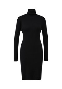 Schwarzes, geripptes Rollkragenkleid mit langen Ärmeln, körperbetontem Schnitt, knielang, mit hohem Kragen und glatter Textur.