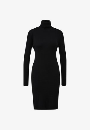 Zwarte geribde coltrui-jurk met lange mouwen, aansluitende pasvorm, tot de knie, met een hoge kraag en een gladde textuur.