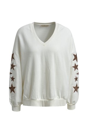 White V-neck sweatshirt with balloon sleeves, featuring brown star patterns on each arm and a gathered waistband for a relaxed fit.