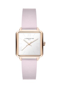 Vierkante horloge met een zilveren wijzerplaat, gouden accenten en een lichtroze leren band. Heeft Romeinse cijfers en eenvoudige uuraanduidingen.