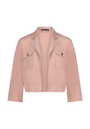 Veste rose clair courte avec col à revers, deux poches à rabat boutonnées à l'avant et manches longues, présentée sur un fond blanc.