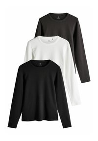 Drei Langarmshirts in Schwarz, Weiß und Dunkelgrau. Aus einem glatten Stoff gefertigt, mit runden Ausschnitten und gerippten Texturen.