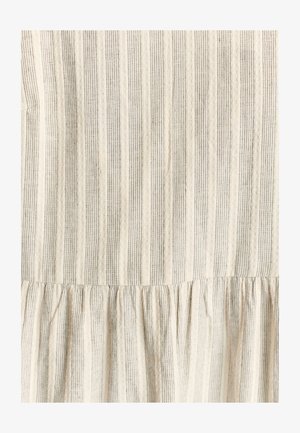 Light-colored fabric with vertical stripes in beige and gray. Features a textured surface and a gathered, ruffled hem at the bottom.