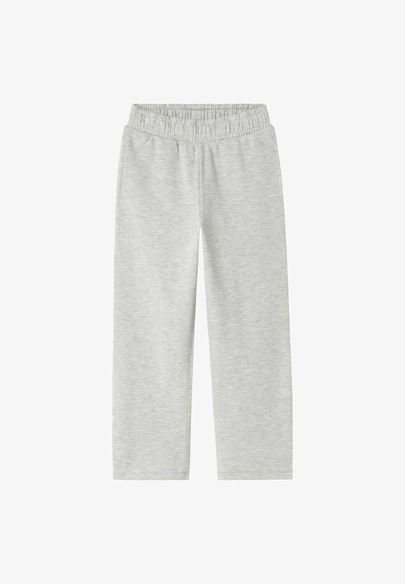 Grijze joggingbroek met een elastische tailleband, gemaakt van zachte stof, met rechte pijpen en een gladde structuur zonder zichtbare patronen.