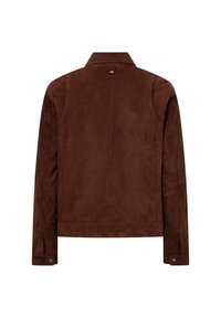 Hnědá semišová bunda s dlouhými rukávy, knoflíkovými manžetami a malým knoflíkovým detailem ve střední části zad.