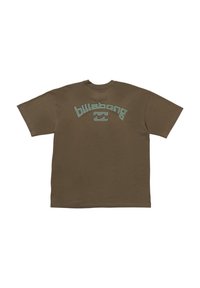 Brown short-sleeve T-shirt made of cotton. Features a graphic logo in light green on the front. Straight hem and relaxed fit design.