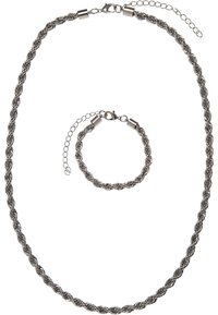 Conjunto de collar y pulsera tono plateado, que presenta un diseño de cuerda retorcida con un acabado liso. Ambas piezas tienen cierres de metal y cadenas de extensión.