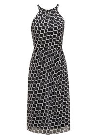 Robe noire et blanche à col halter, avec un design plissé, comportant des motifs abstraits en forme de nuages et un corsage ajusté qui se prolonge jusqu'à une jupe longueur genou.