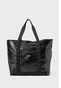 Bolsa tote negra brillante con doble asa, bolsillo con cremallera en la parte frontal y logo "BORG" centrado en el bolsillo.