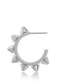Strieborná náušnica kruh s šiestimi ostrými hrotmi po vonkajšom okraji, s lesklým povrchom a priamou tyčinkou na zapínanie.