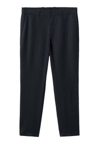Tummansiniset housut slim fit -mallissa, valmistettu sileästä kankaasta. Sisältää napin sulkemisen, etutaskut ja siistin, reunat viilattuna.