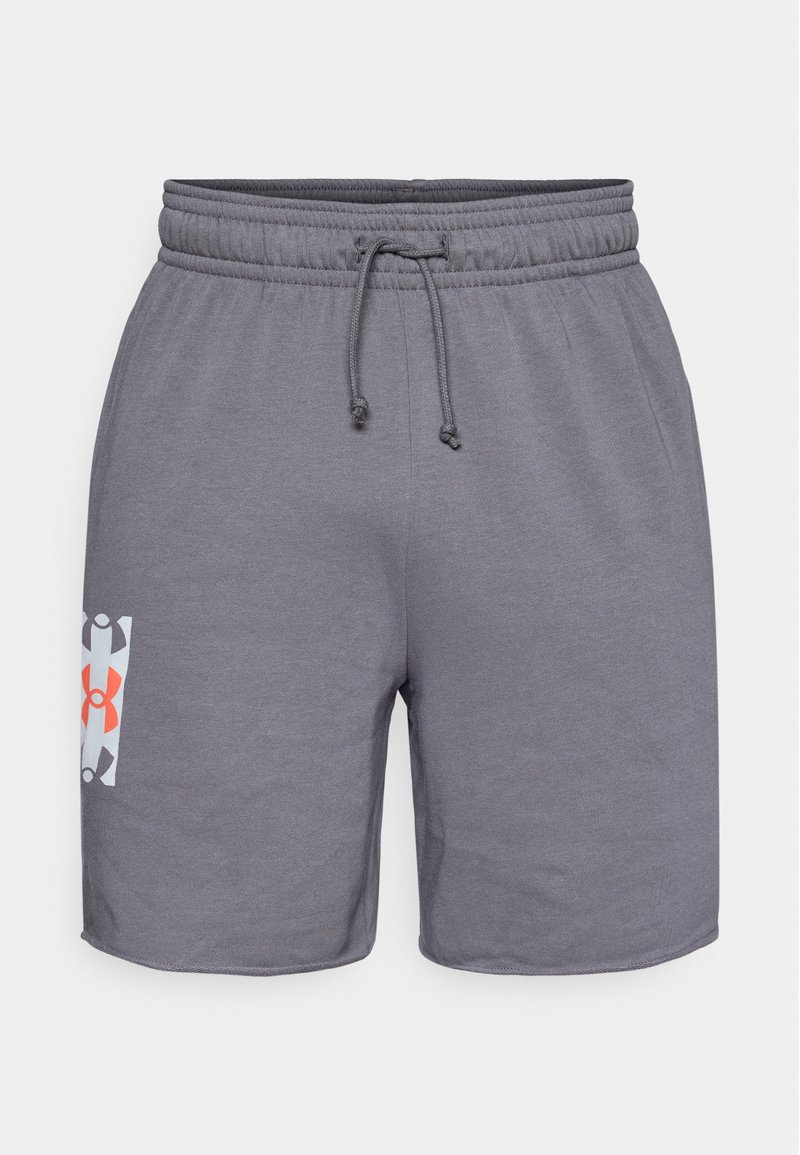 Graue Sportshorts mit einem elastischen Bund und Zugband. Mit einem seitlichen Grafikdruck in Rot, Blau und Schwarz. Weicher Stoff.