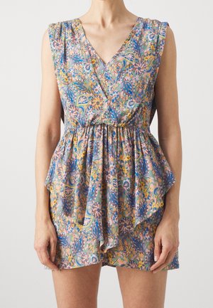 Sleeveless V-neck dress with gathered waist and layered floral print fabric in blue, yellow, and pink tones.