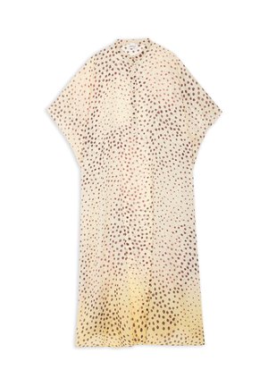 Robe longue beige boutonnée, à manches courtes larges, ornée d'un motif de pois irréguliers marron dispersés.